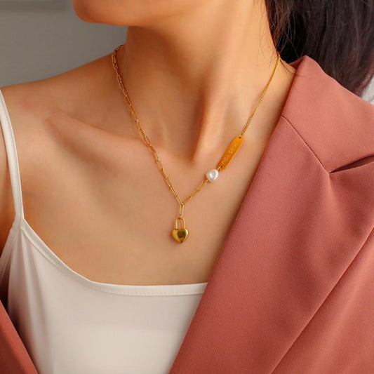 ins titanium steel gold-plated three-dimensional love lock pendant fashion square brand Imissyou temperament pearl necklace