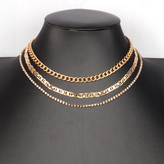 Retro exaggerated thick chain necklace multi-layered diamond-encrusted chain hip-hop necklace simple collarbone chain female