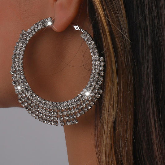 E135 Exaggerated Claw Chain Earrings Rhinestone Tassel Large Circle Earrings Sexy Light Luxury Vintage Earrings