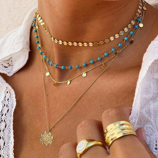 Jewelry Retro Ethnic Turquoise Clavicle Necklace Female Simple Metal Faceplate Sequin Necklace