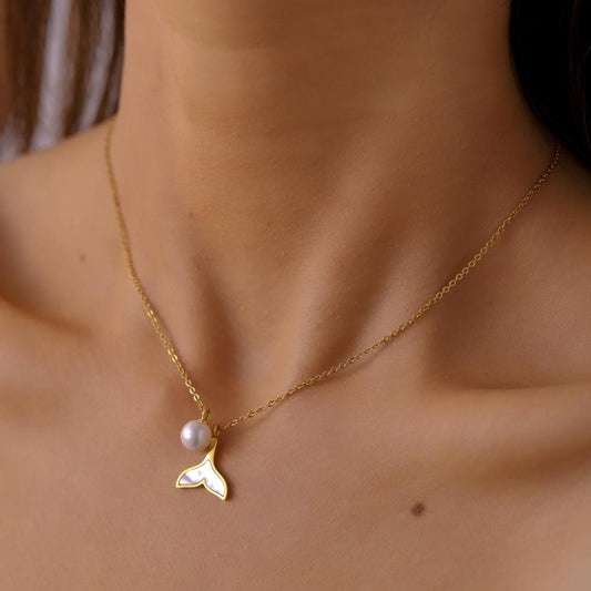 Dolphin Mermaid Tail Titanium Steel Pendant Pearl Shell Creative Necklace Gold Adjustable Clavicle Chain