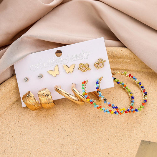 Trendy colored rice beads leaves butterfly heart C-shaped earrings earrings set bohemian earrings
