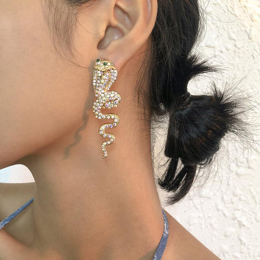 E9797 Exaggerated Snake Earrings Women's Retro AB Diamond Animal Earrings Personality Creative Night Street Shooting Earrings