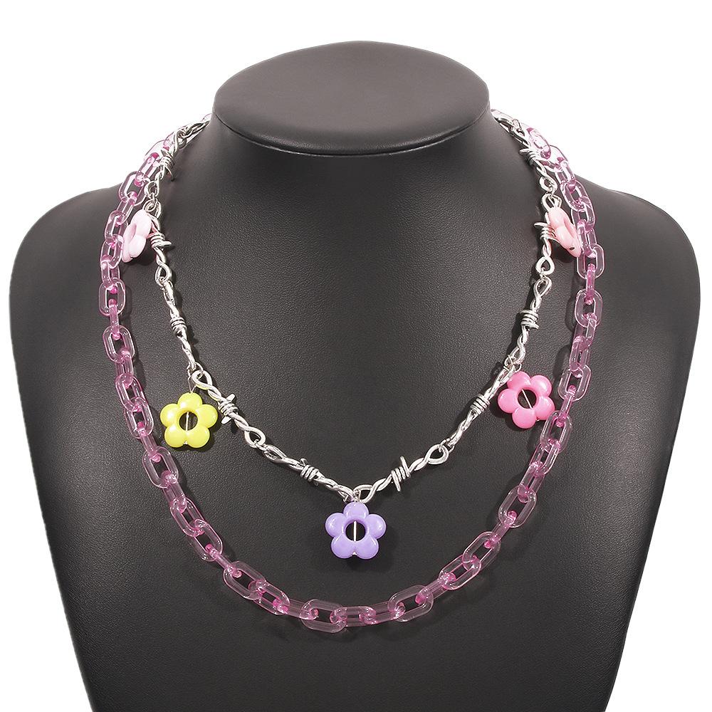 N9627 Geometric Contrasting Color Pants Chain Resin Small Fresh Flower Necklace Stacked Multilayer Hip-Hop Personality Necklace