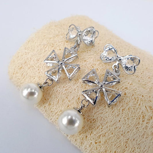 Four-leaf flower bowknot pearl and diamond earrings five-petal flower stud earrings charm