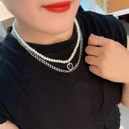 Double-layer titanium steel pearl necklace black love pendant cold temperament can be sweet and salty clavicle chain neck chain trendy