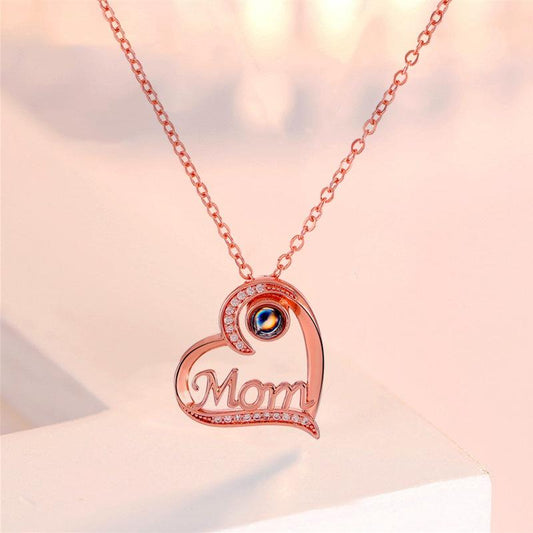 Diamond MOM Letter Heart Shaped Necklace Fashion Personality 1 Language Projection Clavicle Chain Mother's Day Necklace