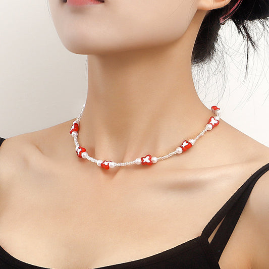 Jewelry Mini Color Butterfly Transparent White Rice Bead Necklace Female Y2K Small Fresh Imitation Pearl Necklace