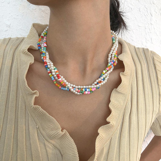 N8419 fashion simple multi-layer pearl necklace women's stacked elegant temperament retro exaggerated clavicle chain
