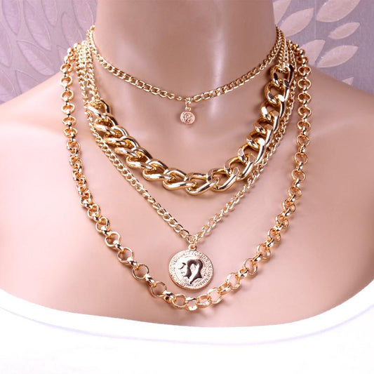 Necklace punk street portrait coin pendant metal exaggerated thick chain multi-layer necklace