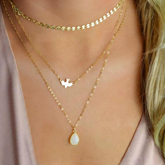 Multi-layer necklace handmade round sequin chain peace dove bird water drop pendant multi-layer necklace female