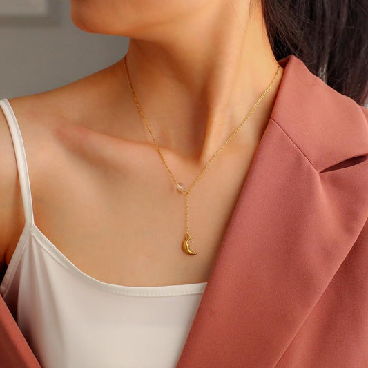 Fashion Titanium Steel Gold-plated Moon Pendant Temperament Simple Forest Moonstone Versatile Clavicle Necklace for Women