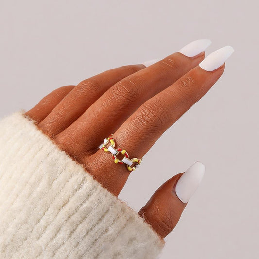 Fashion Stainless Steel Opening Adjustable Drop Oil Color O Chain Ring For Women