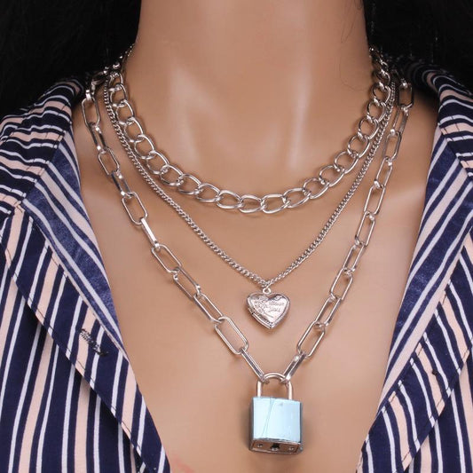 Personalized multi-layer peach heart padlock jewelry thick chain hip-hop punk key lock necklace