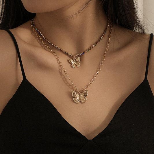 Jewelry Fashion Double Color Diamond Butterfly Necklace Ins Simple Design Temperament Versatile Clavicle Necklace