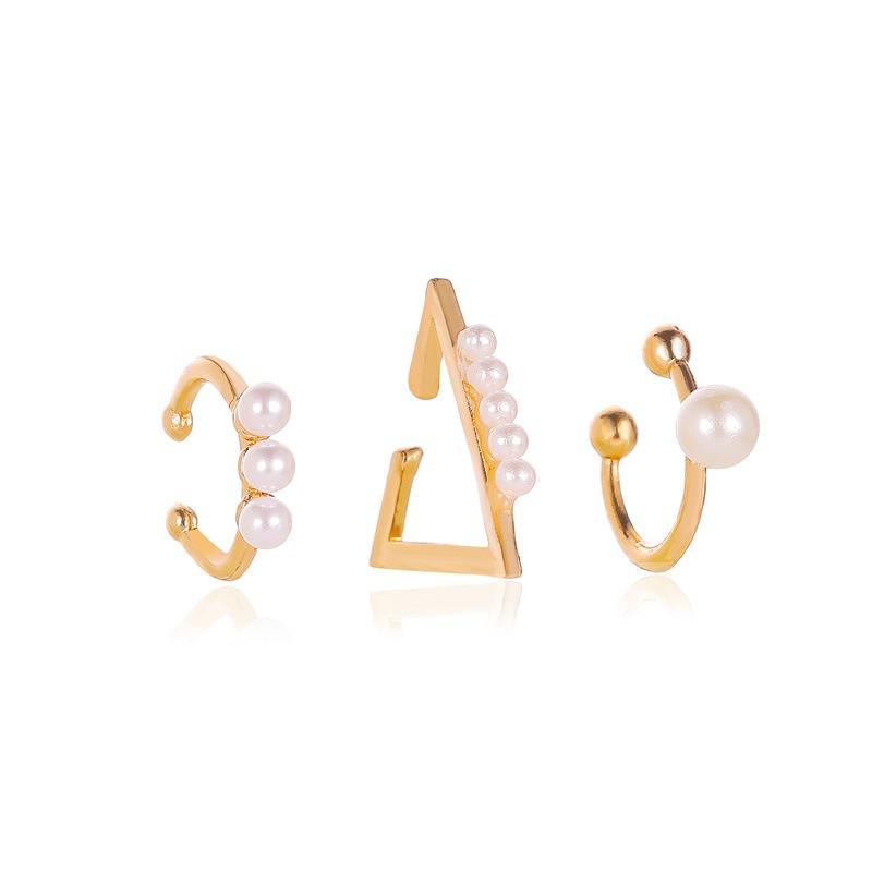 Temperament three-piece ear clip hollow geometric pearl earrings earrings ear bone clip cold earrings