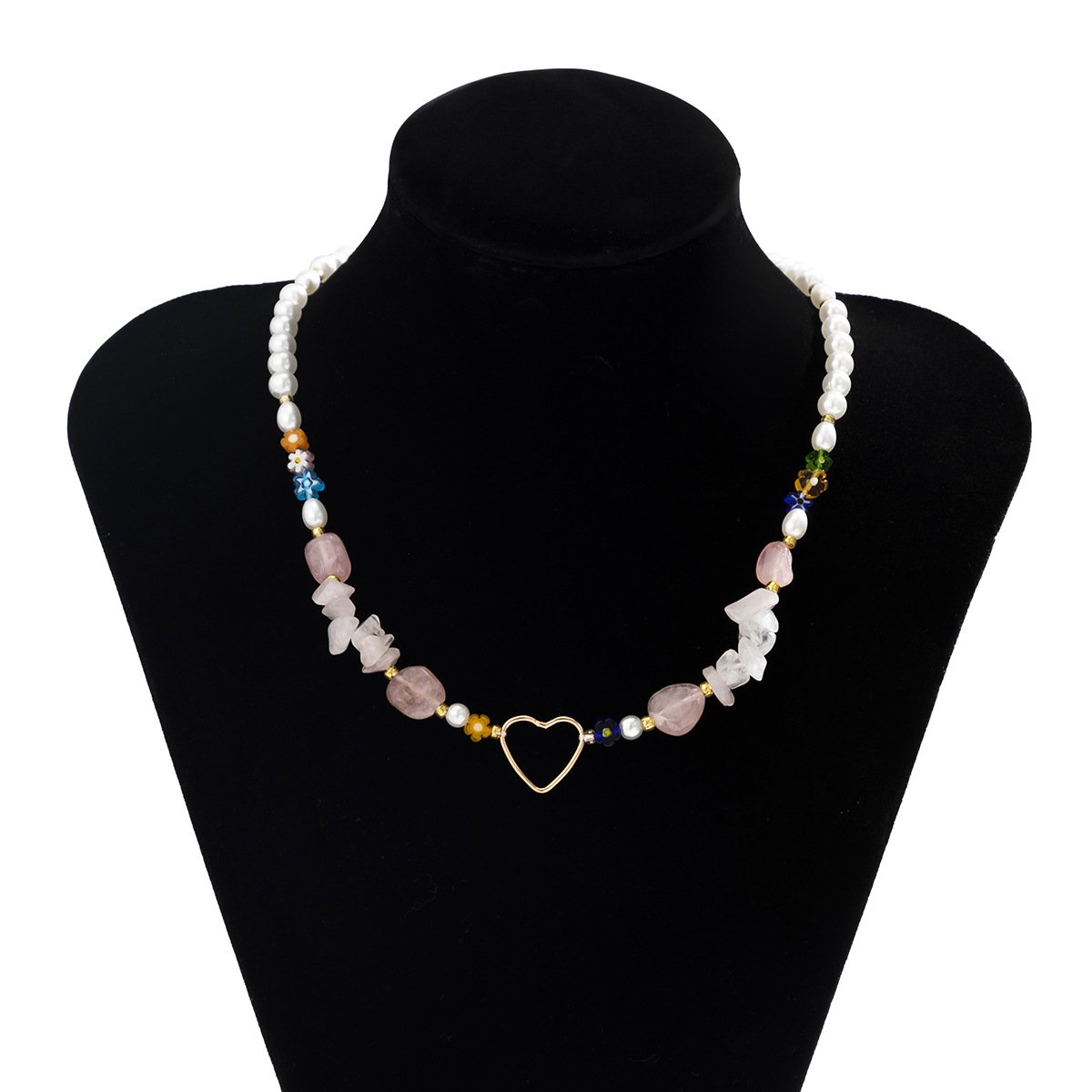 Jewelry Retro Stitching Flower Necklace Temperament Single-layer Mix and Match Multiple Heart-shaped Gravel Necklace Female