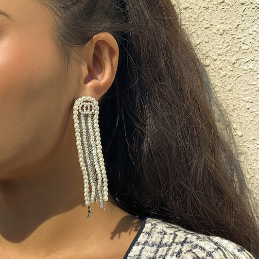 Jewelry Temperament Cold Imitation Pearl Chain Tassel Earrings Retro Versatile Double Ring Earrings Women