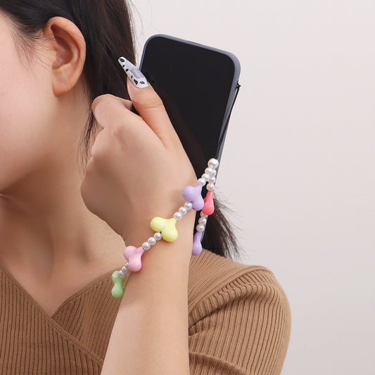 Ornament Cartoon Warm Color Exaggerated Geometric Heart Pearl Phone Chain Acrylic Accessories Ornament