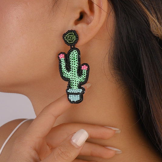 E143 Bohemian Ethnic Earrings Cactus Beaded Sequins Retro Exaggerated Geometric Earrings
