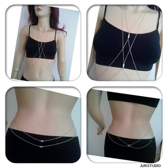 Sexy bikini summer pearl cross body chain bodychain