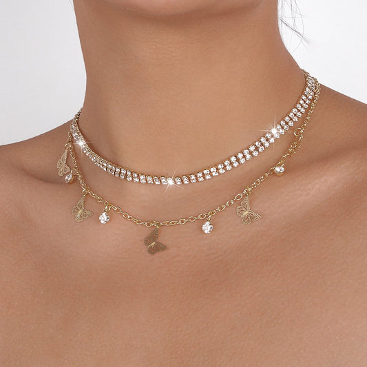 N136 Popular Jewelry Butterfly Rhinestone Claw Chain Temperament Fairy Necklace Personality Light Luxury Necklace
