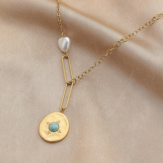 Fashion Simple Stainless Steel Gold Love Coin Pendant Titanium Steel Pearl Necklace Clavicle Chain Women