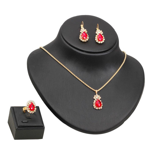 Diamond-encrusted Gold Drop Earrings Necklace Ring Three-Piece Set Multicolor Set
