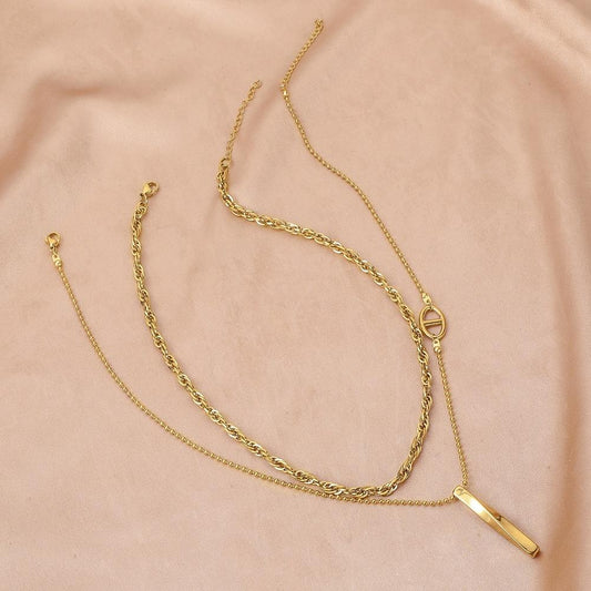 Fashion stainless steel gold double layer water wave chain titanium steel bar pendant necklace clavicle chain women