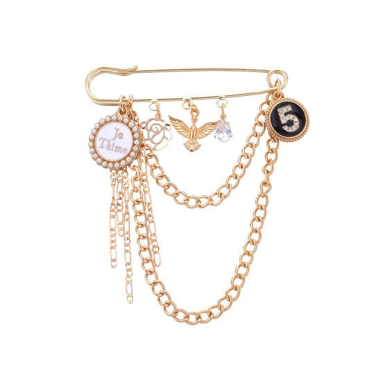 Jewelry pearl disc full of diamonds number 5 brooch punk retro exaggerated chain pin accessories