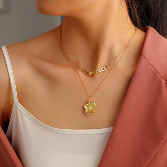 Fashionable Titanium Steel Gold-plated Baroque Pearl Shell Pendant Elegant Small Fragrant Wheat Ears Double Layer Necklace