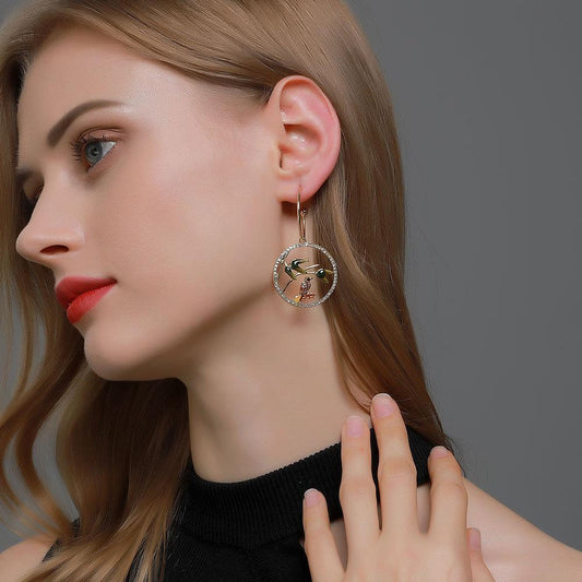 Retro national tide diamond studded branch bird earrings natural simple hollowed out round earrings literary ancient temperament earrings