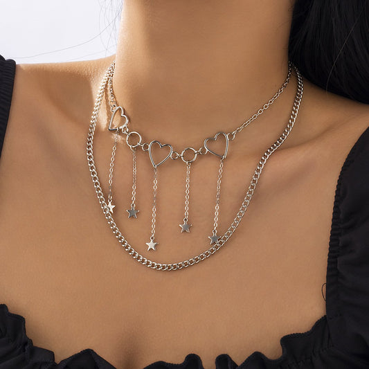 Jewelry Sweet Cool Metal Geometric Star Tassel Necklace Niche Design Retro Heart Necklace