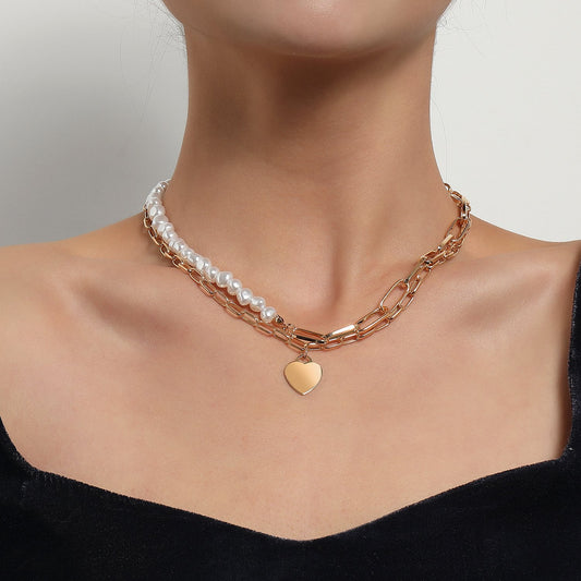 Jewelry Fashion Glossy Peach Heart Pendant Necklace Female Personality Double Thick Chain Pearl Love Necklace