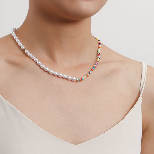Explosive Bohemian colored rice beads imitation pearl necklace necklace female ins hand-woven necklace