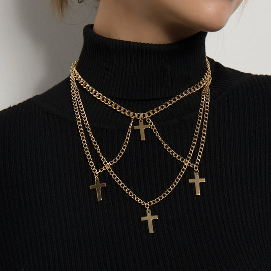 Jewelry fashion trend multi-layered cross pendant female personality short alloy necklace