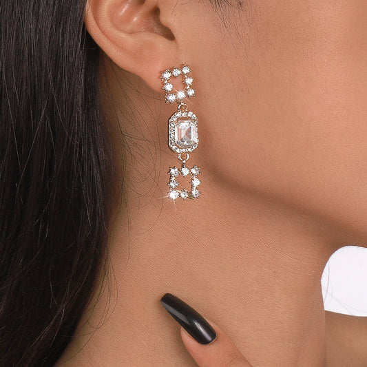 E153 heavy industry square geometric symmetrical rhinestone earrings full of diamond temperament niche design sense earrings female