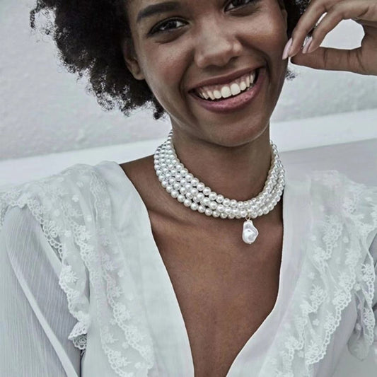 Multilayer Imitation Pearl Opposite Sex Pendant Necklace Geometric Beaded Choker Jewelry