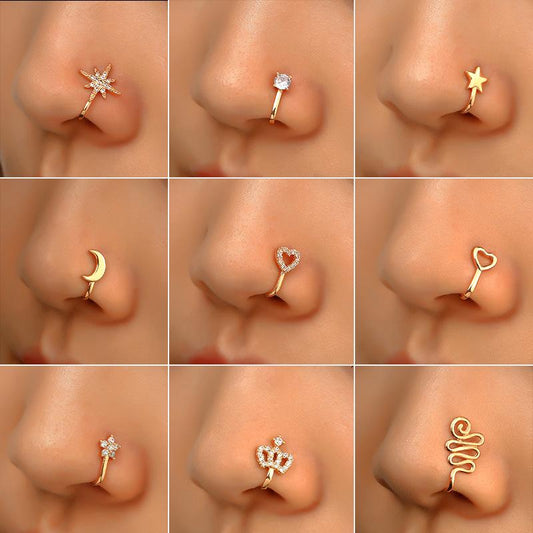 Creative non-perforated U-shaped nose clip copper inlaid zircon star heart crown nose ring false nose decoration puncture jewelry