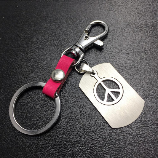 Anti-war logo double-layer titanium steel pendant stainless steel leather key chain men's waist hanging women's bag pendant