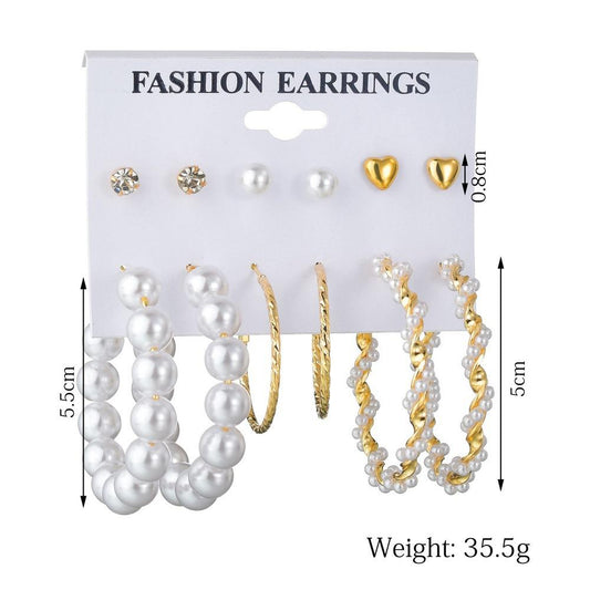 Fashion exaggerated pearl hoop earrings accessories 6 pairs heart diamond stud earrings set