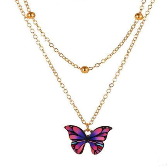 Double Bead Chain Colorful Butterfly Necklace Dreamy Butterfly Clavicle Chain Trendy Women's Jewelry Short Chain
