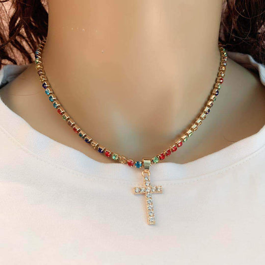 Jewelry Creative Simple Versatile Ins Pendant Full Diamond Cross Short Clavicle Necklace Female