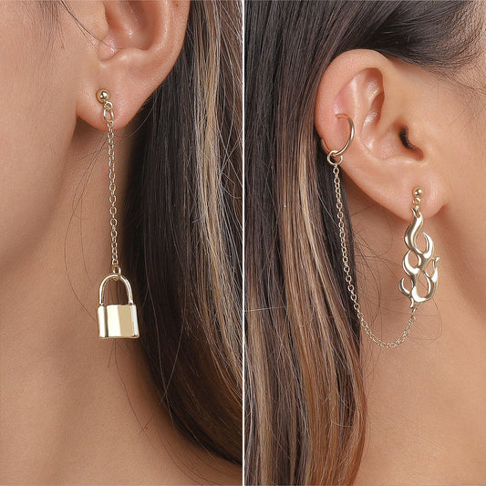 E1431 Light Luxury Geometric Asymmetrical Earrings Long Chain Lock Flame Element Sweet Cool Earrings For Women