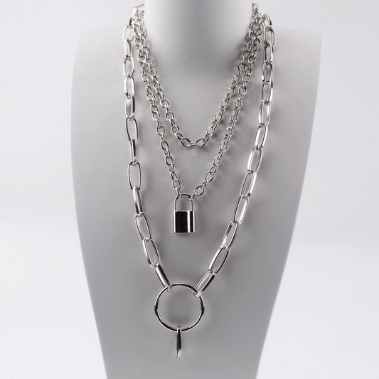 Retro punk exaggerated thick chain ring necklace multi-layer lock necklace sweater chain women