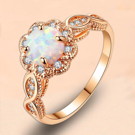 Fashion Women's Resin Opal Rose Gold Hollow Ring Rhinestone Ring Jewelry