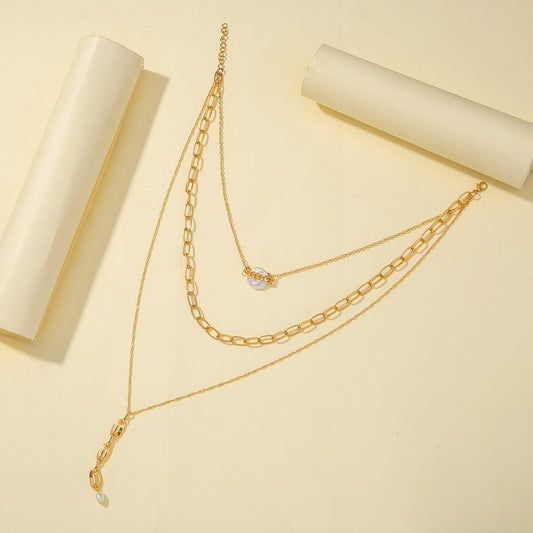 Baroque Shaped Pearl Necklace Pig Nose Chain Three-layer Jewelry Clavicle Chain Frosty Necklace Female Pearl Pendant
