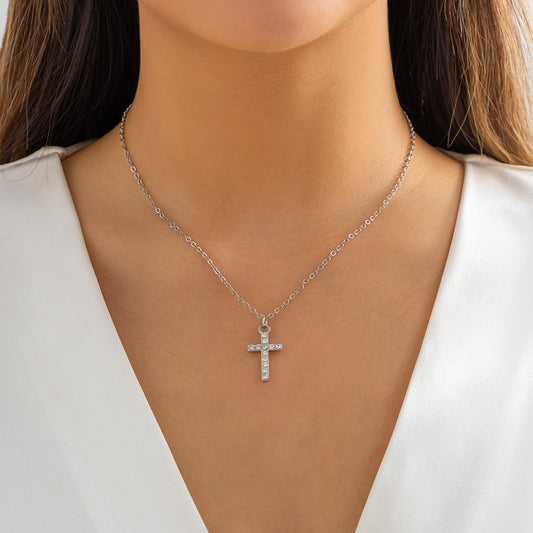 Jewelry Versatile Metal Thin Chain Geometric Necklace Simple Micro-inlaid Rhinestone Cross Necklace Female