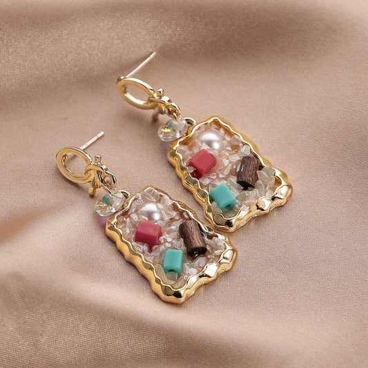 Retro Pearl Color Diamond Colorful Gravel Earrings Temperament Light Luxury Square Earrings Jewelry