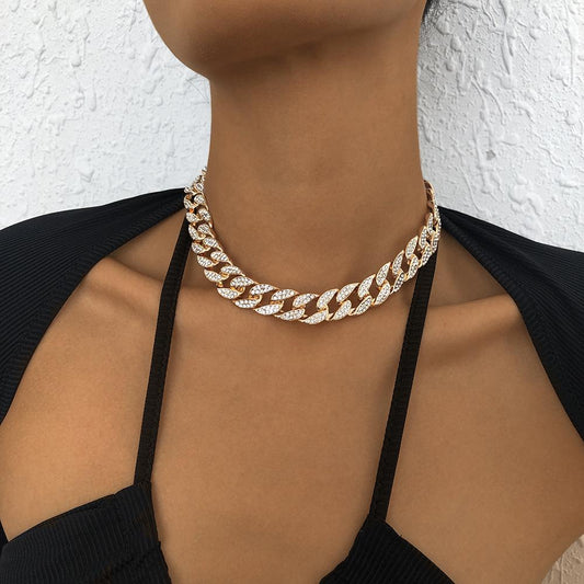 N888 Net Red Exaggerated Necklace Femininity Full Diamond Cuban Chain Necklace French Romantic Light Luxury Necklace Female